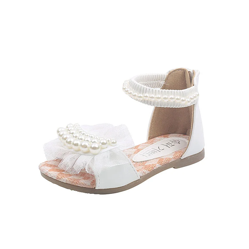 Женские босоножки на плоской подошве с жемчугом, летние новые туфли для девочек-принцесс 2023 года, белые танцевальные туфли для девочек - 1