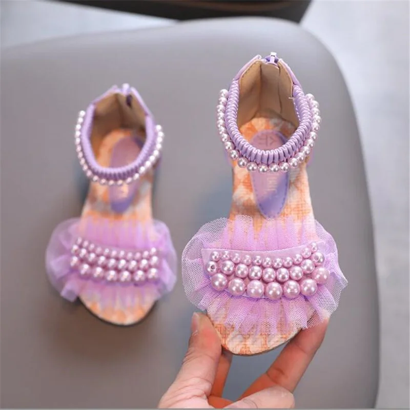 Женские босоножки на плоской подошве с жемчугом, летние новые туфли для девочек-принцесс 2023 года, белые танцевальные туфли для девочек - 2