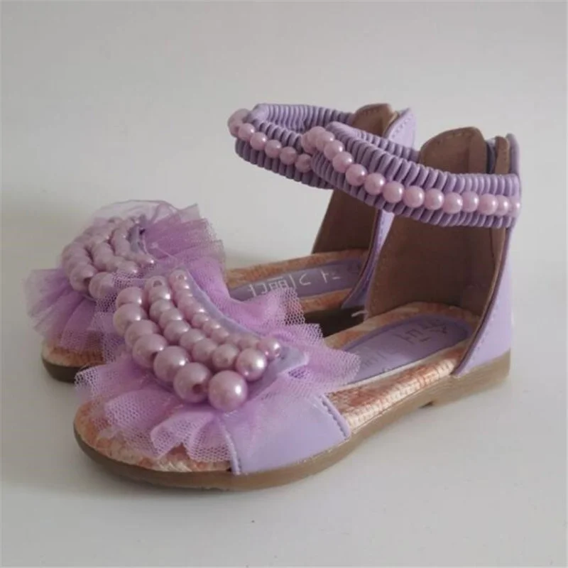 Женские босоножки на плоской подошве с жемчугом, летние новые туфли для девочек-принцесс 2023 года, белые танцевальные туфли для девочек - 4