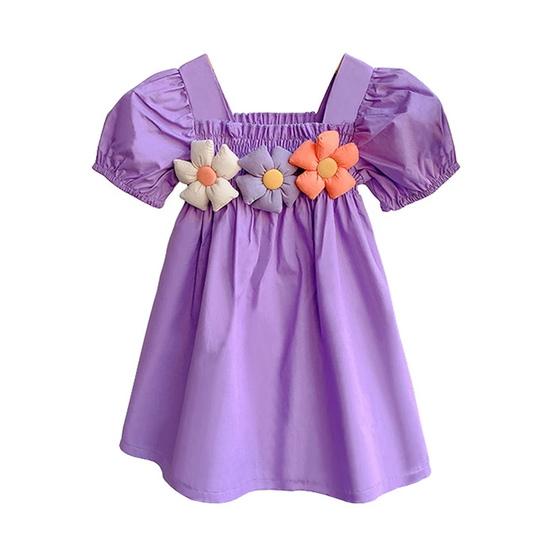 Летнее детское платье для маленьких девочек, милые повседневные платья с цветочным рисунком, пляжное платье для девочек, сарафан, детское однотонное платье трапециевидной формы с пышными рукавами - 0