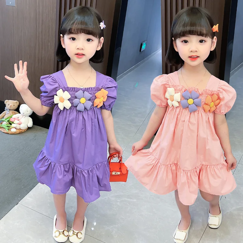 Летнее детское платье для маленьких девочек, милые повседневные платья с цветочным рисунком, пляжное платье для девочек, сарафан, детское однотонное платье трапециевидной формы с пышными рукавами - 1