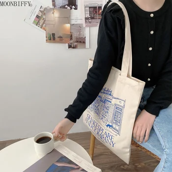 2022 Женская холщовая сумка через плечо с принтом, женские сумки для покупок, хлопчатобумажная ткань, продуктовые сумки, сумка для книг для девочек