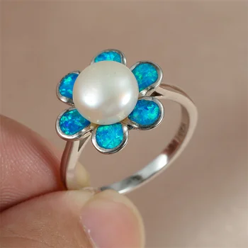 Женское кольцо с маленьким жемчужным цветком в стиле Бохо, Модные кольца с жемчугом большого серебряного цвета Для женщин, Обручальное кольцо с синим Огненным опалом