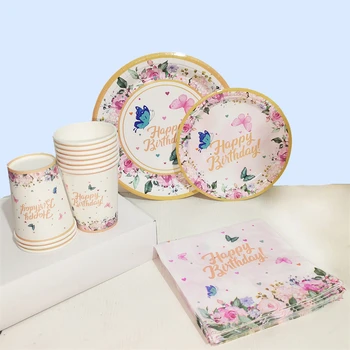 Фон для детского душа, Розовая посуда с бабочками, с 1-м Днем Рождения, украшения для вечеринки, украшения для девочек с бабочками, свадьба